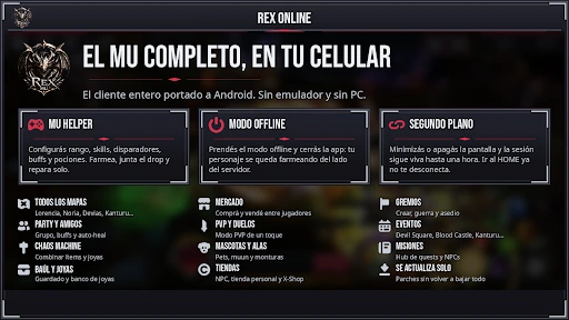MU Online Season 6 running on an Android phone, showing the game's full feature set — MU Helper, maps, party, market, PvP, guilds and more
