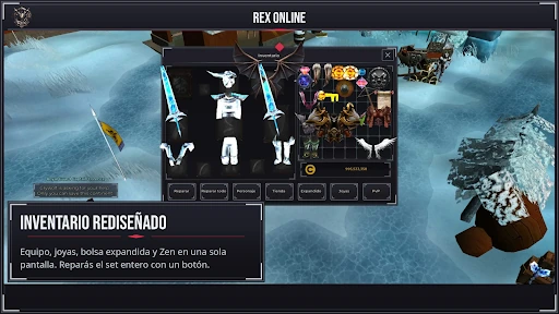 The redesigned mobile inventory in MU Online, showing equipped gear, jewels, an expanded bag and Zen
