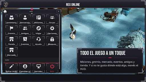 The MU Online mobile main menu, with touch shortcuts to inventory, character, quests, party, guild and more