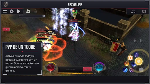 PvP combat in MU Online on a phone, with skill effects and a target health bar