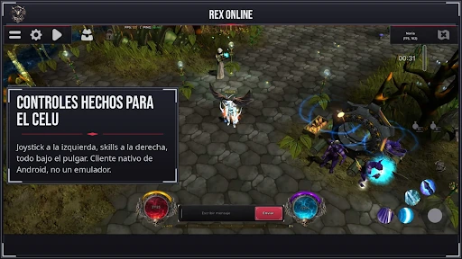 MU Online gameplay on Android with a touch joystick on the left and skill buttons on the right